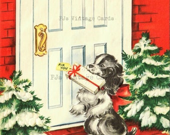 Adorable Christmas Black & White Dog Puppy  Delivers Present to Red Brick  House  Door Step Porch Snowy Trees Digital Image Download