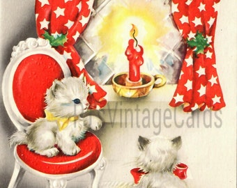 Digital Download Vintage Christmas Card Image 2 Adorable Kittens Kitty Cats French Chair Red Curtains Candle in Window
