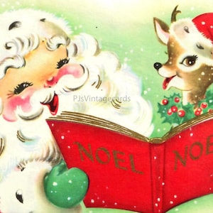 MCM Vintage Santa che canta canti natalizi con adorabile piccola renna cervo immagine digitale cartolina di Natale metà secolo