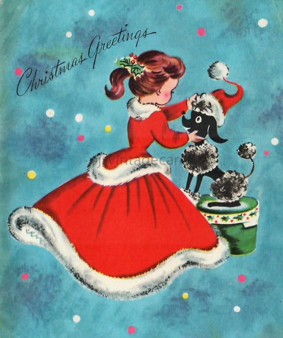 christmas card dress Vintage Christmas Card Image Pretty Red Dress Ponytail Girl and Her Poodle  Digital Download