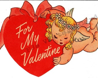 Sweet Little Vintage Valentine Angel  Girl Cherub with Big Red Heart Digital Download
