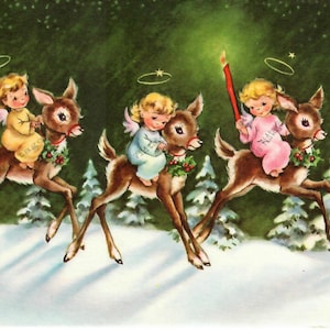 1950s Digital Vintage Christmas Card Image 3 Adorable Little Angel Girls Riding 3 Adorable Little Deer Silent Snowy Night