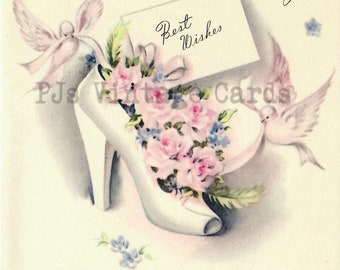 Beautiful Vintage Ivory  Bridal Wedding Shoe  Card Doves Pink Flowers Digital Download Image