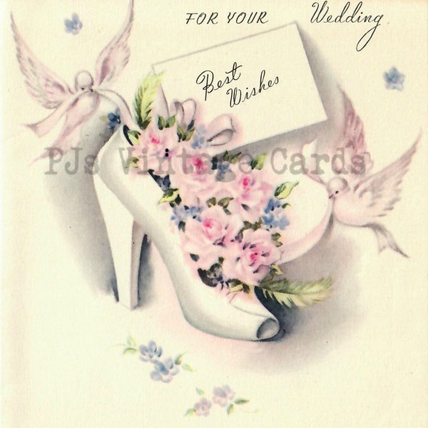 Beautiful Vintage Ivory  Bridal Wedding Shoe  Card Doves Pink Flowers Digital Download Image