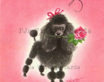POODLE! Digital download Vintage Thank You Greeting Card Image Black Poodle Holding A Rose in Her Mouth Pink Background  Mid Century Retro