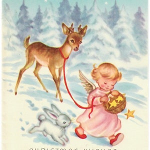 Digital Download Vintage Christmas Card Sweet Little Angel Girl Pink Dress Leading an Adorable Little Deer in a Lovely Winter Snowy Scene