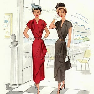 May include: Vintage fashion illustration featuring two women in elegant dresses. One woman wears a red wrap dress with a matching belt, the other a black wrap dress with a gold belt. Both wear hats and gloves, with high heels and handbags.