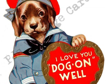 Sailor Dog Vintage Valentine Digital Image Puppy Blue Sailor Suit Red Heart Greeting Card