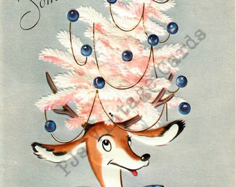 Digital Download Vintage Christmas Card Image Mid Century Reindeer Deer Pink Tree Aqua Blue Ornaments Retro