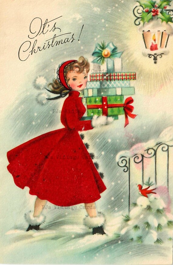 Digital Download Pretty Girl Young Lady Pile of Presents Snow Vintage  Christmas Card - Etsy