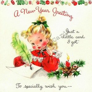 Digital Download Vintage Weihnachtskarte Bild Entzückendes kleines Mädchen in einem süßen roten Nachthemd Schreiben eines Buchstabens mit Federschreiber
