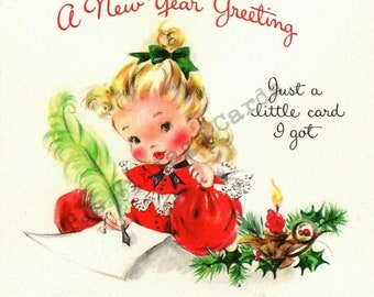 Digital Download Vintage Christmas Card Image Adorable Little Girl in a Cute Red Nightgown  Writing a Letter with Her Feather Pen