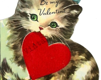 Vintage Sweet Striped  Kitten Kittie Cat Green Eyes Blue Bow Holding Big Heart Valentine Digital Download Image