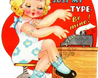 Vintage Valentine Card Cute Flapper Girl Typing Typewriter Dress  Pink Sleeve Blue Flowers  Bow Blond Curly Hair Digital Download