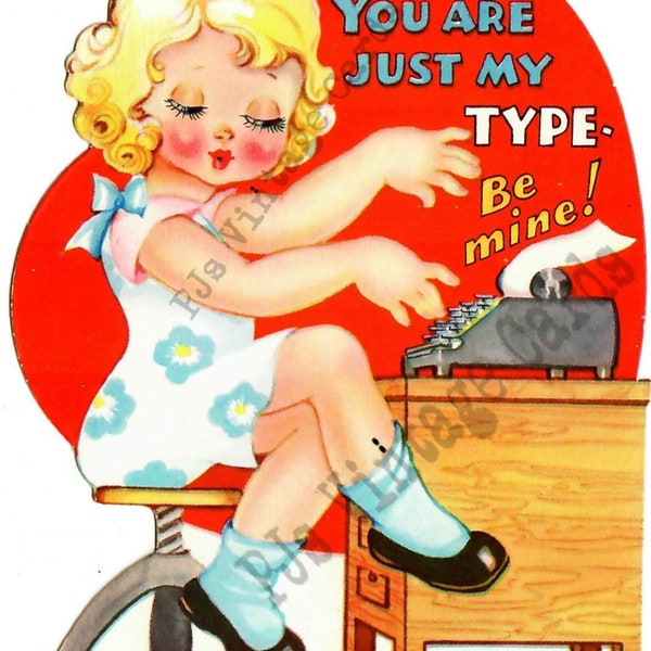 Vintage Valentine Card Cute Flapper Girl Typing Typewriter Dress  Pink Sleeve Blue Flowers  Bow Blond Curly Hair Digital Download