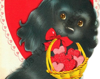 Cute Black Cocker Spaniel Puppy Dog Vintage Valentine Card Lace Edge Heart Basket  of Hearts Digital Download