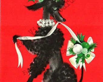 Vintage Mid Century Retro Christmas Card Image Black Poodle Dog Pearl Collar White Ribbon Ornament Bouquet Red Background Digital Download