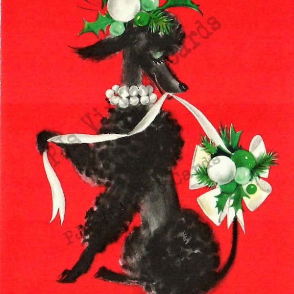 Vintage Mid Century Retro Christmas Card Image Black Poodle Dog Pearl Collar White Ribbon Ornament Bouquet Red Background Digital Download