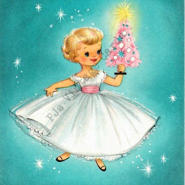 Digital Christmas Card Image Pretty Little Girl in White Dress Holding Pink Christmas Tree Mid Century Turquoise Aqua Blue Background Stars