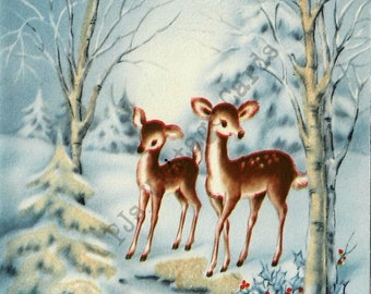 Digital Download Vintage Christmas Card Image 2 Deer Winter  Snow Woods Beautiful Scene Soft Aqua Blue