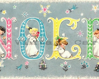 Vintage Weihnachtskarte Digital Download Bild Süße hübsche Engel Mädchen NOEL blau rosa