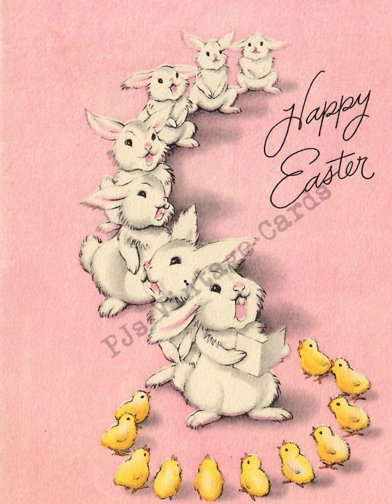 Vintage Pink Easter Card White Singing Bunnies Yellow Chicks Digital Download