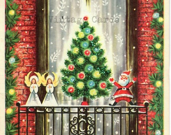 Digital Mid Century MCM Vintage Christmas Card City Balcony Angels Santa Tree Kitty Cat