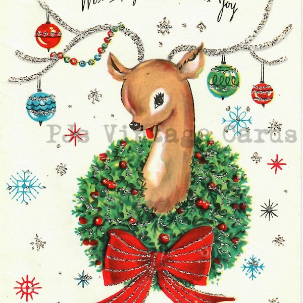 Digital Download Vintage Christmas Card Image Adorable Deer Reindeer Decorated Antlers Ornaments Wreath Mid Century Retro