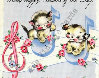 Vintage Greeting Card Puppy Kitty Pastel  Blue Pink Musical Staff Notes Digital Download Image