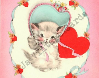 Adorable Kitty Cat Kitten in Blue Hat Vintage Valentine Card Beautiful Pink Pastel Blue & Red  Digital Download Image