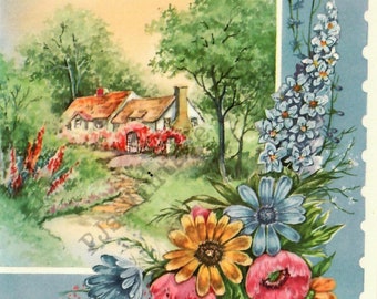 Lovely Vintage Birthday Cottage Greeting Card House Flowers Blue Coral Ivory Green Digital Download Image