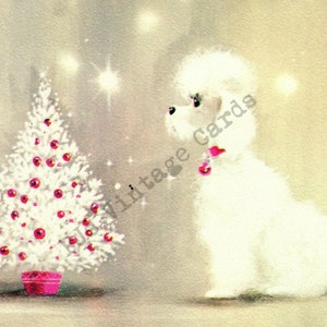 Vintage Christmas Card Image Mid Century Poodle Dog White Christmas Tree Pink Ornaments Starbursts Digital Download