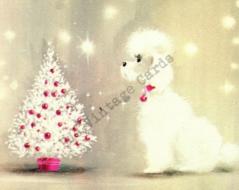 Vintage Christmas Card Image Mid Century Poodle Dog White Christmas Tree Pink Ornaments Starbursts Digital Download