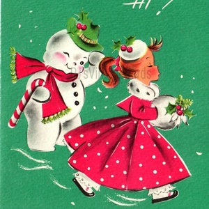 デジタルダウンロード ヴィンテージ クリスマス カード画像 かわいい女の子の赤いコート、白い帽子のマフ、緑の帽子と赤いスカーフのお祭りの雪だるま