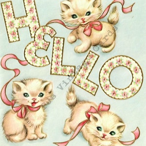 Crema bonita blanco gatitos gatitos gatos dicen hola rosa arcos Aqua azul Vintage tarjeta de felicitación digital Descargar imagen