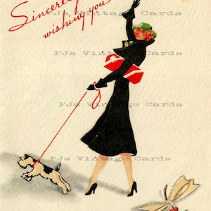 デジタル ヴィンテージ 1930 年代 アールデコ クリスマス カード 画像 女性 女の子 女性 散歩 テリア 犬 ショッピング ギフト プレゼント 印刷可能