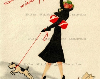 Digital Vintage 1930s Art Deco Christmas Card Image Lady Girl Woman walking Terrier Dog Shopping Gifts Present  Printable
