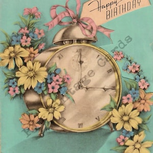 Lovely Gold Vintage Alarm Clock Aqua Blue Pink Yellow Flowers Birthday Card Digital Image