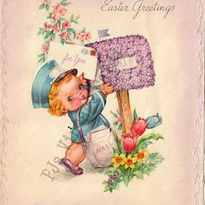 Vintage Paaskaart Leuke Bezorgmeisje Lavendel Bloem Brievenbus Post Lente Tulpen Digitale Download