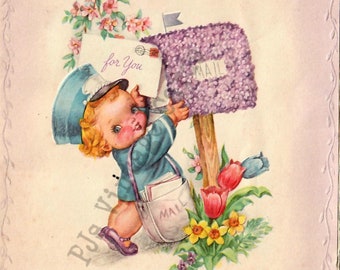 Vintage Easter Card Cute Delivery Girl  Lavender Flower Mailbox Postal Spring Tulips Digital Download