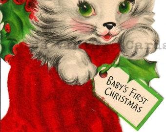 Vintage Baby's First Christmas Card Image Adorable Kitty Kitten Cat Stocking Digital Download