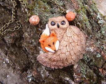 Necklace Owl and fox Pendant animals Bronze findings Beautiful handmade jewelry Animal jewelry Animal necklace Red fox necklace Owl necklace