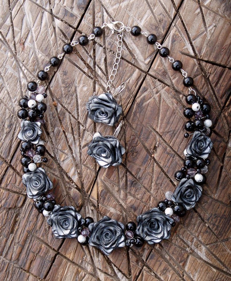 Jewelry Set Black Rose Necklace Black Rose Black Rose earrings Black earrings Black necklace Gift for her Gothic Jewelry gift sets