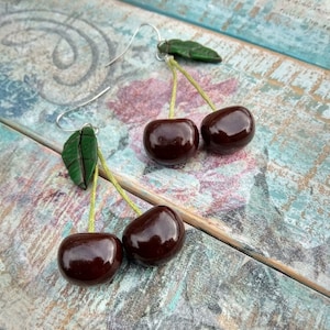 Gift earrings Black Cherry medium size Red earrings Cherry earrings Handmade Cherry red earrings Fruit earrings