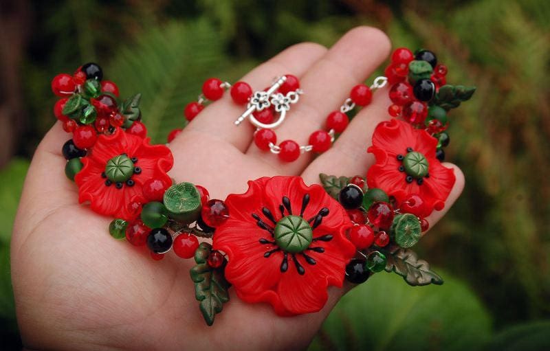 Necklace Poppy Poppy jewelry Poppies necklace Flower necklace Etsy