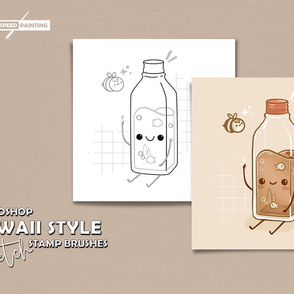 165 Photoshop Sketch Kawaii style Stemp brushes, Speed Painting, Cups, Bottles, Jars, Sweets, Animals, shapes Faces Liners Photoshop brushes