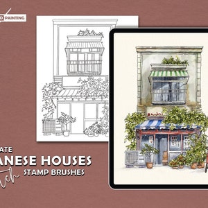 Op de afbeelding: Een digitale illustratie van een Japans huis met een groene luifel en een blauw-wit gestreepte luifel. Het huis is omgeven door groen en heeft een rode deur. De illustratie bevindt zich op een tabletscherm.