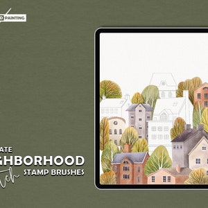 147 Procreate Sketch Neighborhood Stamp brushes, Speed Painting, Building, Tree, Hill, plant, house, bush, Procreate brushes,  stamps, iPad