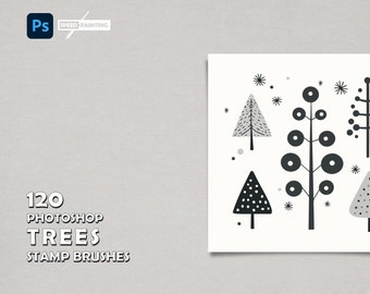 120 Pinceles para sellos de árboles de invierno de Photoshop, pintura rápida, árbol de Navidad, ilustración simple, pinceles Procreate de revestimiento