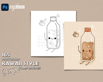 165 Photoshop Sketch Kawaii style Stemp brushes, Speed Painting, Cups, Bottles, Jars, Sweets, Animals, shapes Faces Liners Photoshop brushes